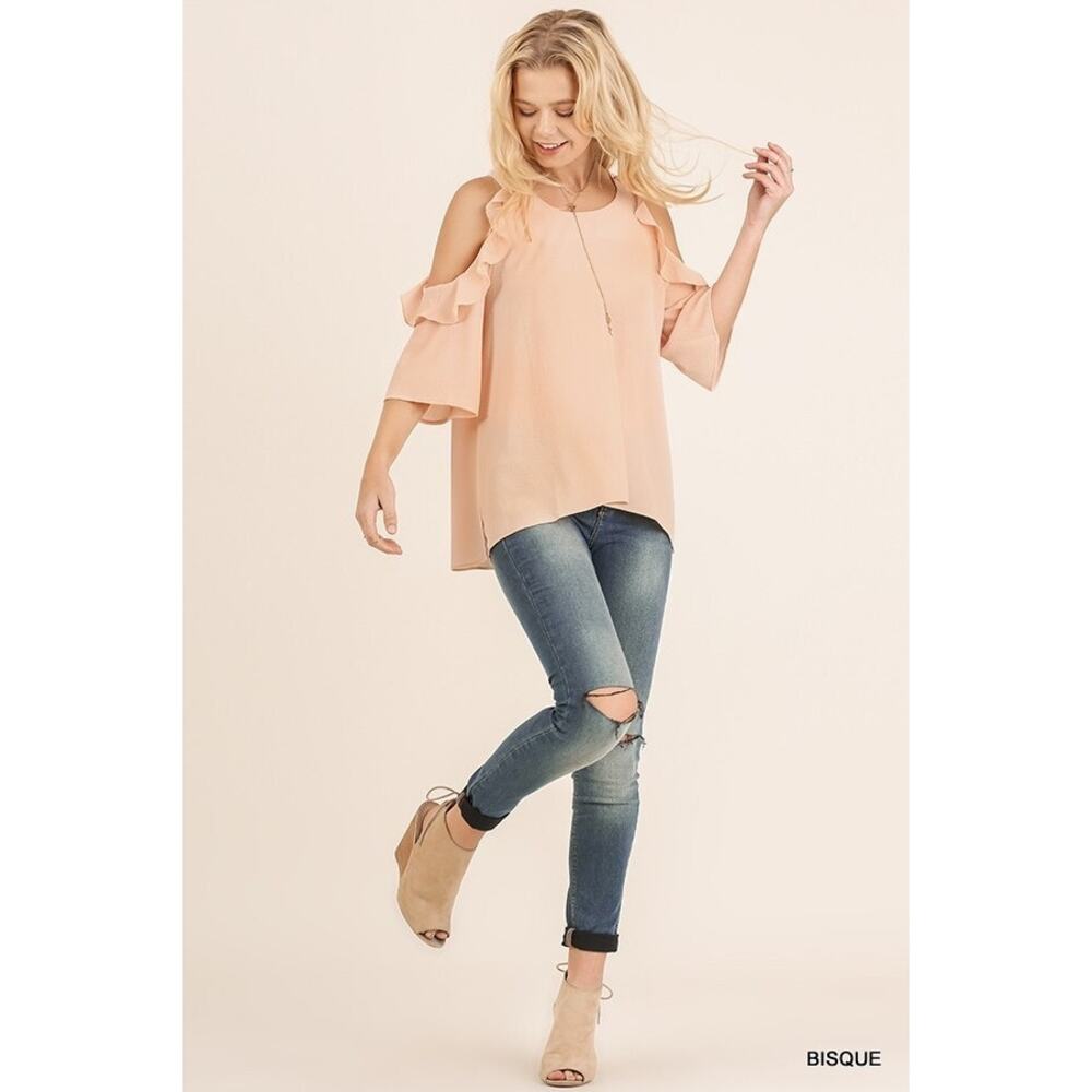 Umgee Cold Shoulder Blouse with Ruffles Bisque Size Medium - Picture 2 of 8